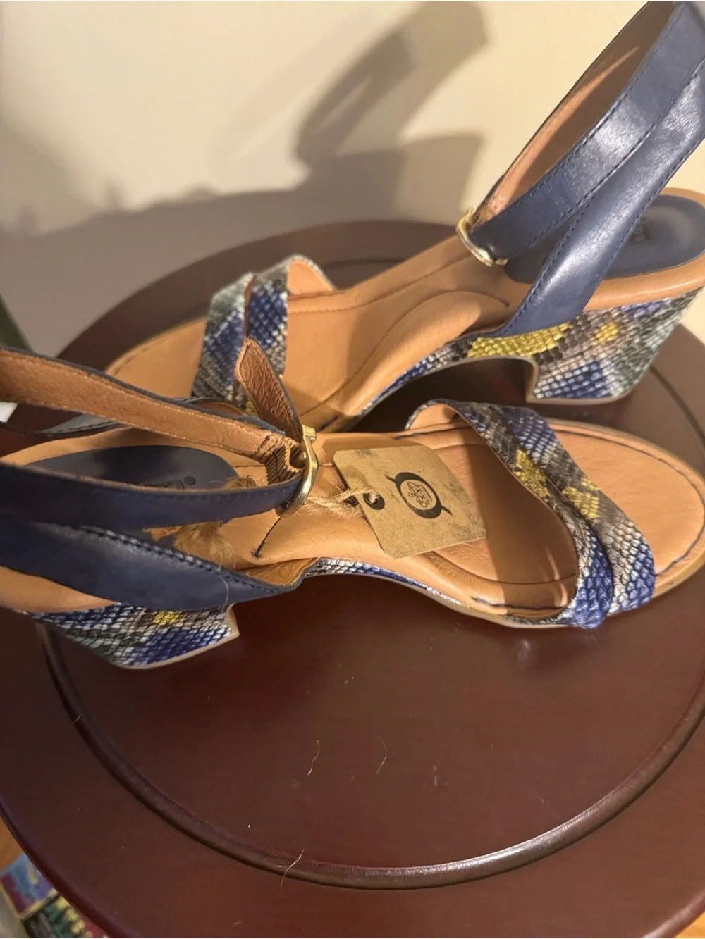 Born Blue Snake-Print Block Heel Sandals with Yellow Accents